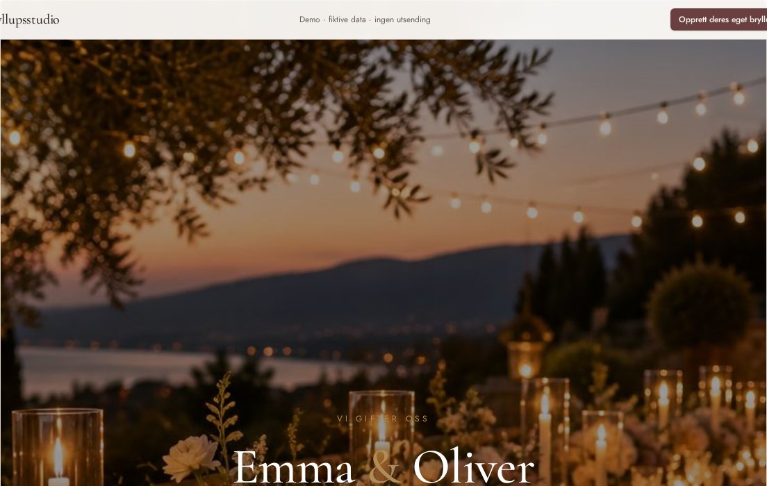 Emma og Olivers nettside vist med Bryllupsstudios nettsidevisning