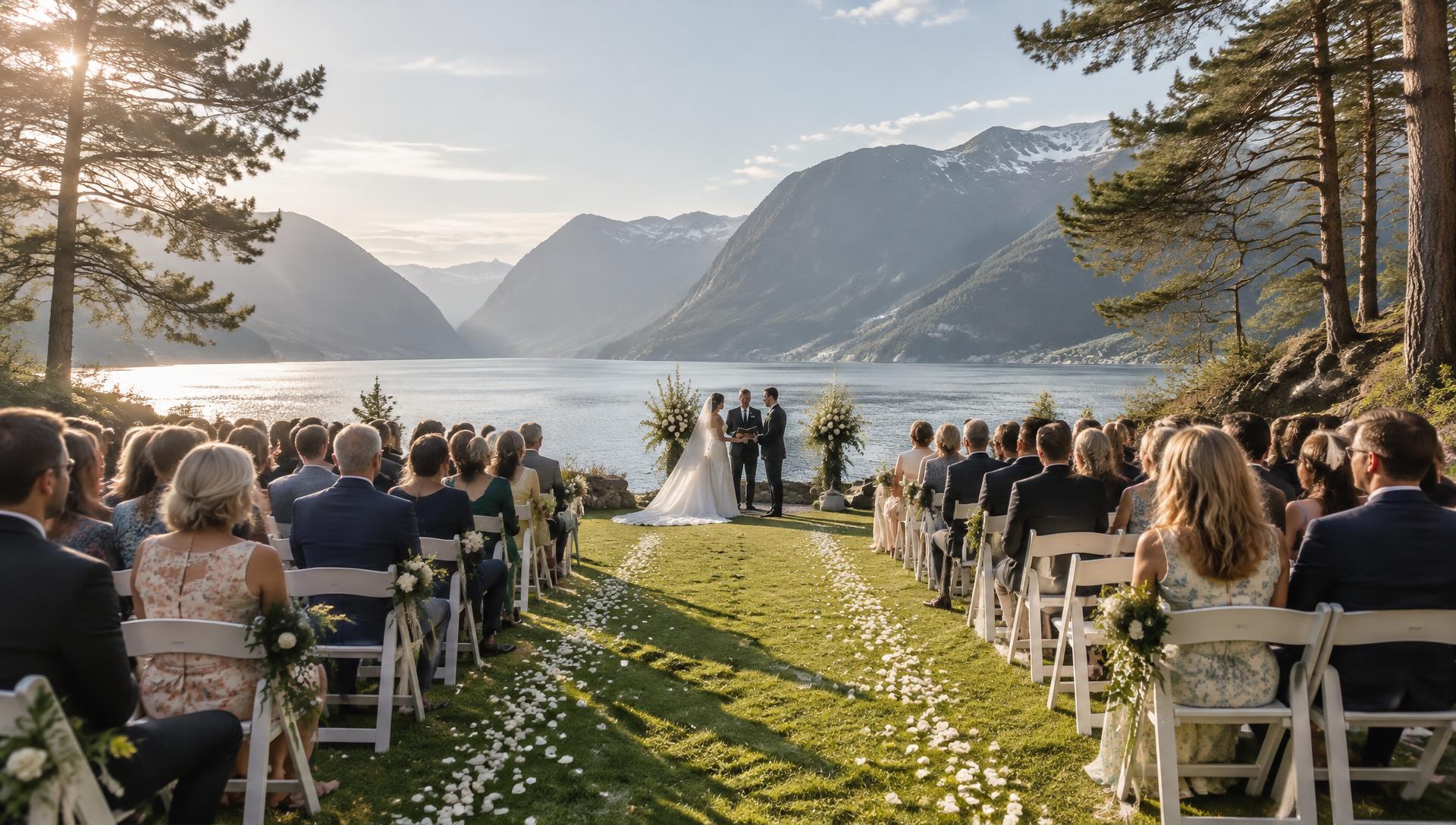 Norsk sommerbryllup: gjester ser vielsen ved fjorden
